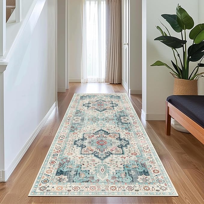 GENIMO Runner Rug 2x7 Non Slip Machine Washable Hallway Runner Rug, Low Pile Lightweight Rugs for Entryway, Hallway, Kitchen and Corridor, Turquoise & White