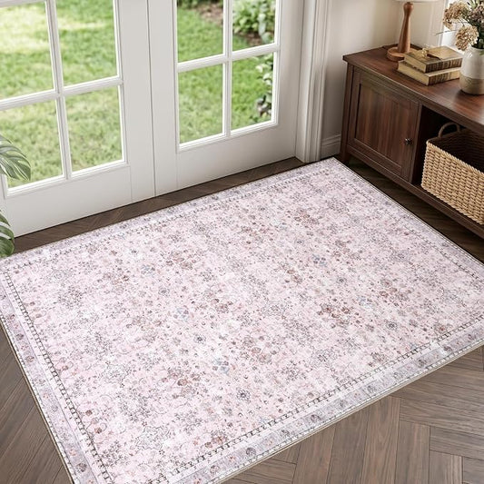 Sasttie 2x3 Rug, Ultra-Soft Washable Rug, Low Pile Foldable Thin Carpets with Non-Slip Backing, Skin-Friendly Stain Resistant Carpet for Living Room, Bedroom, Kitchen, Dorm, 2x3, Pink