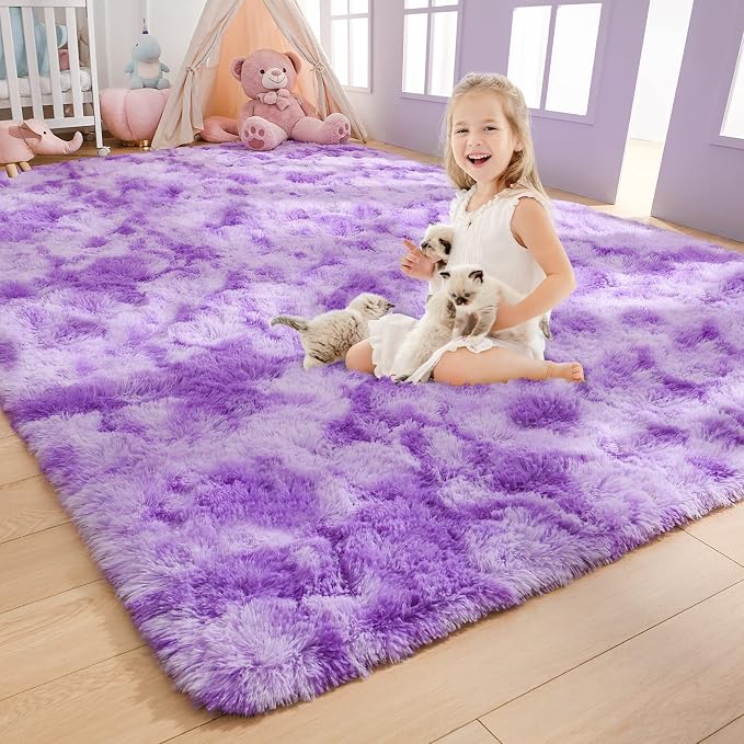 AROGAN Soft Rainbow Area Rugs for Girls Room 3x5 Feet, Fluffy Girls Bedroom Rugs, Princess Rug, Cute Colorful Carpet for Kids Teens Nursery Toddler （Purple）