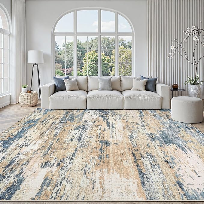 Area Rugs 9x12 Living Room: Large Soft Washable Rug Modern Abstract Anti-Skid Non-Shedding Carpet Indoor Floor Thin Carpets for Bedroom Dining Room Farmhouse Nursery Home Office Brown Blue