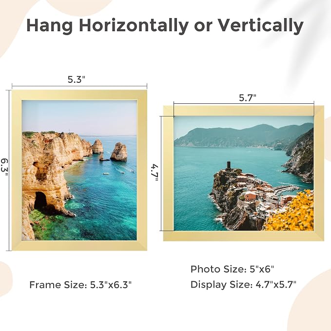 FLYJOE 5x6 Metal Picture Frame - Gold Aluminum Photo Frames Real Real Glass,Tabletop Display,Mounting Horizontally or Vertically Decor for Wall Gallery Poster Photo 6x5 Frames, Gold