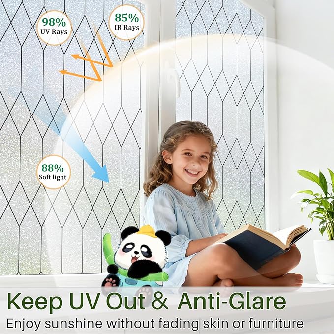 Windimiley Window Privacy Film Stained Glass Static Clings, Bathroom Frosted Leaded Decorative Window Stickers, UV Heat Blocking Opaque Removable for Home Door Coverings (23.6 x 157.5in,Pure)