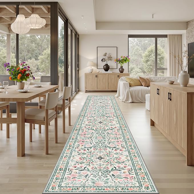 Runner Rug for Entryway: 2.6x14 Kitchen Rugs Non Slip Washable Ultra-Thin Soft Floral Carpet Indoor Floor Stain Resistant Carpets for Hallway Bedroom Kitchen Laundry Bathroom Dorm Green/Beige