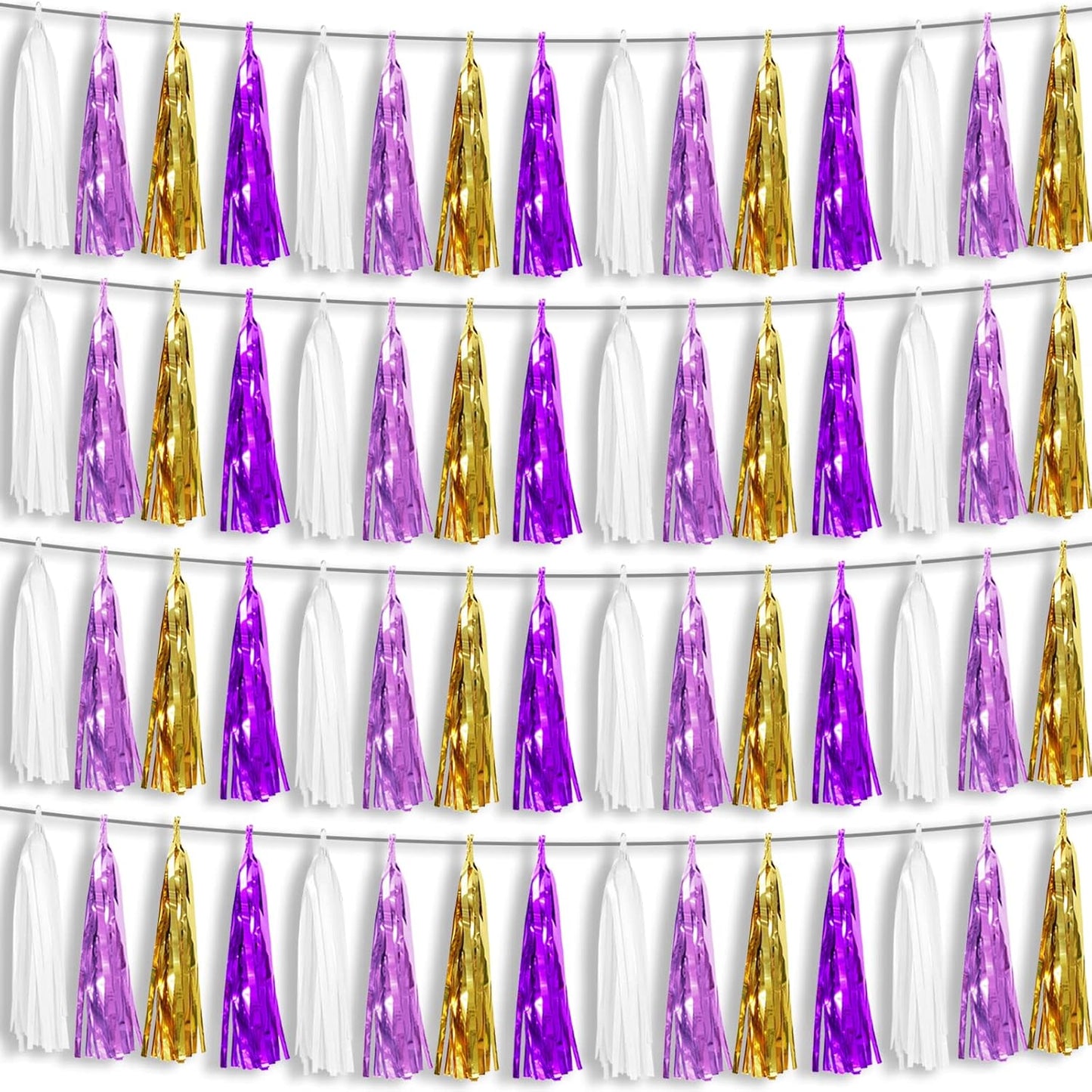 4P Purple-Gold Foil Fringe Metallic Tassel Garland, Tassels Banner Streamers for Parade Floats, Bachelorette, Wedding, Birthday, Halloween, Christmas, Bridal/Baby Shower Party Decorations