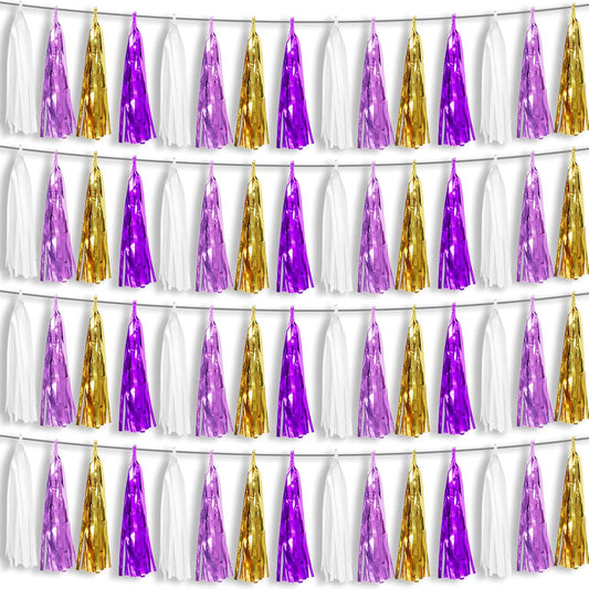 4P Purple-Gold Foil Fringe Metallic Tassel Garland, Tassels Banner Streamers for Parade Floats, Bachelorette, Wedding, Birthday, Halloween, Christmas, Bridal/Baby Shower Party Decorations