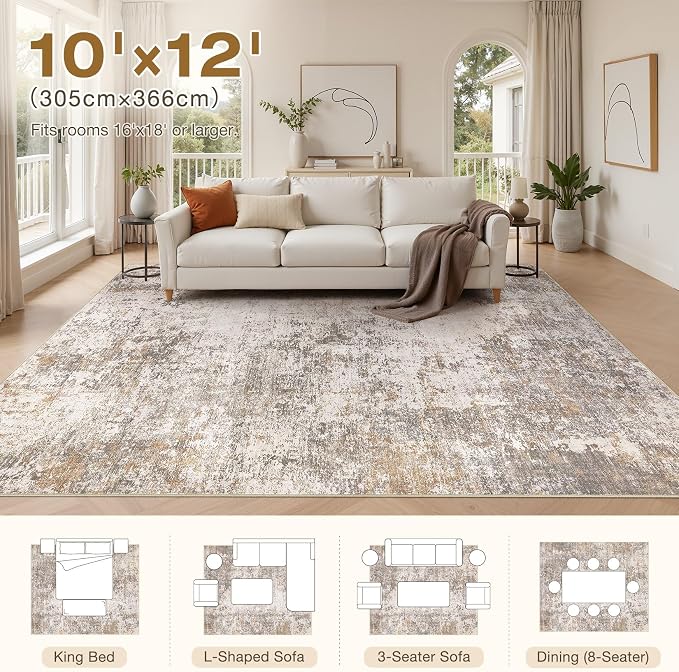 Area Rugs for Living Room: 10x12 Abstract Washable Rug Modern Neutral Large Soft Stain Resistant Non-Slip Backing Machine Table for Bedroom Dining Room Indoor Home Office Carpet - Brown Grey