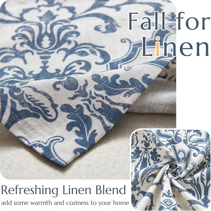 jinchan Linen Valance Curtain for Kitchen Vintage Damask Floral Blackout Valance Double Layer Small Window Curtain for Living Room Bedroom Bathroom 18 Inch Rod Pocket 1 Panel Dark Blue on Beige