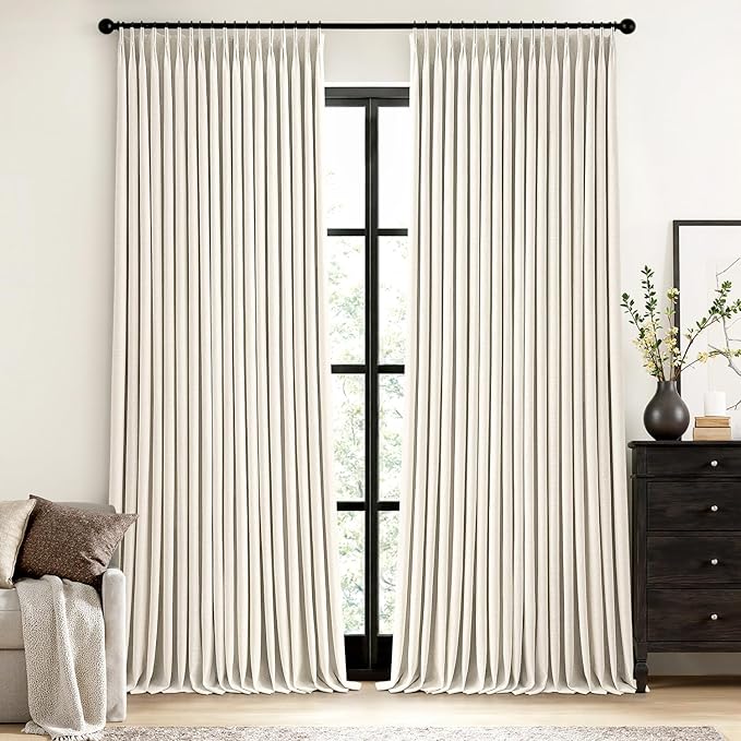 MIULEE Pinch Pleated Blackout Curtains Extra Wide 60 Inches, Natural Linen Blend for Sliding Doors, Memory Trained Thermal Insulated Drapes for Bedroom Living Room, 84 Inches Long, 2 Panels