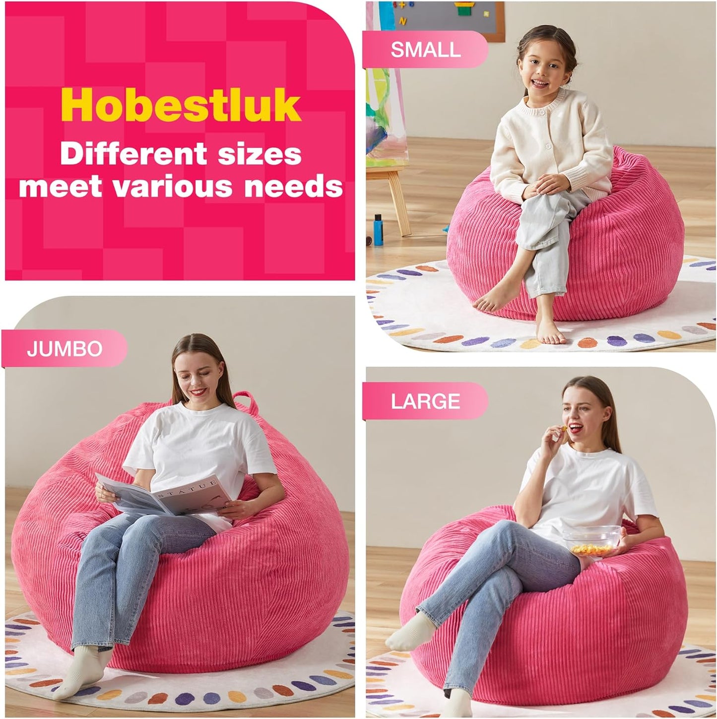 Hobestluk 4.5FT Bean Bag Chair Giant Bean Bag Chair with Filler Included Adult Bean Bag Chairs with Removable Cover for Bedroom Living Room - (Jumbo, Pink)