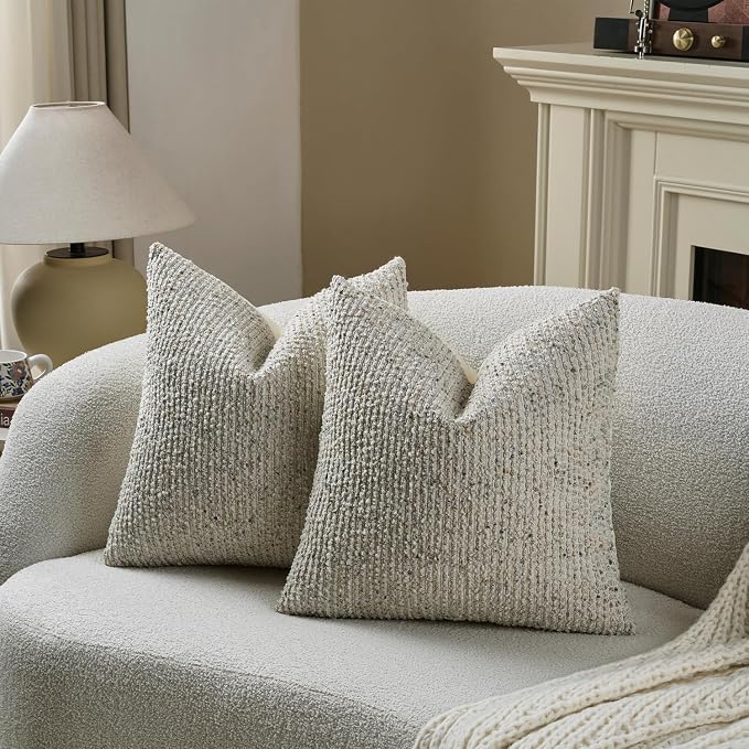 DEZENE Striped Throw Pillow Covers 22x22 Set of 2 Cream Grey Textured Boucle Chic Morden Boho Accent Farmhouse Square Decorative Couch Pillow Covers for Home Decor Bed Sofa Living Room