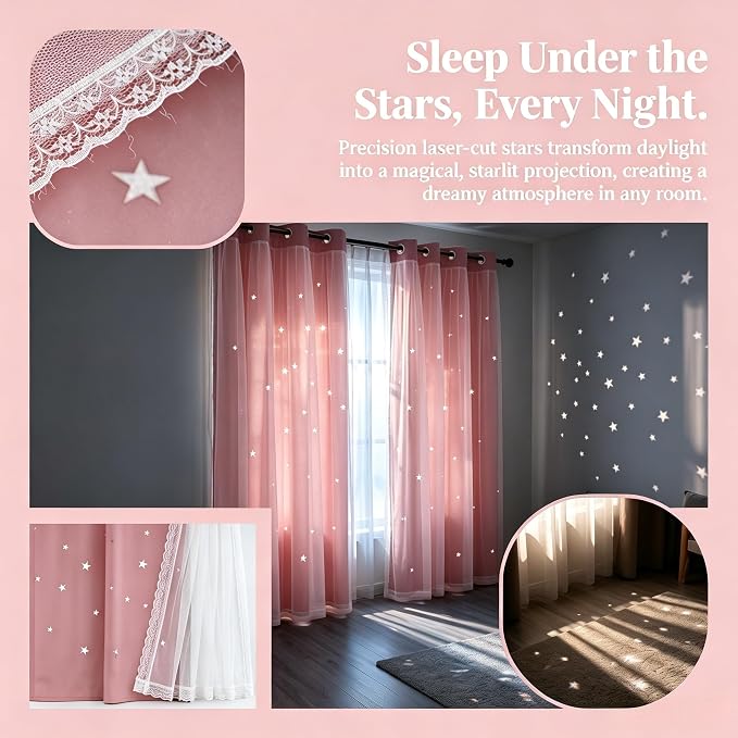 Princess Curtains for Girls Bedroom with Sheer Overlay,Double Layer Curtain for Living Room with Star Cutout, Curtains for Kids Room (52 W*95 L Inches,2 Pcs Pink)