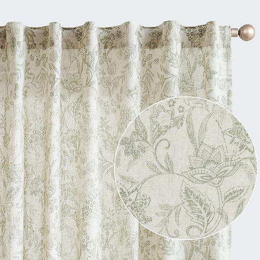 jinchan Floral Linen Blend Curtains for Living Room Green French Country Farmhouse 84 Inch Long Light Filtering Semi Sheer Kitchen Window Back Tab Curtains 2 Panels