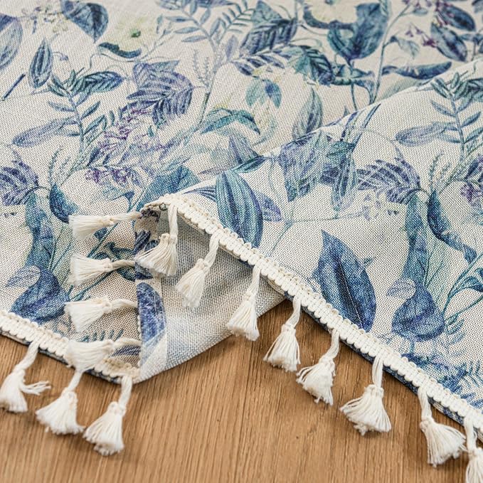 Deeprove Blue Boho Valance Curtain 52W x 18L with Tassels Over Sink, Chic Botanic Leaf Kitchen Window Sheer Linen Look Short for Bohamian Cafe Closet Cabinet Farmhouse Country Style Privacy 1 Panel