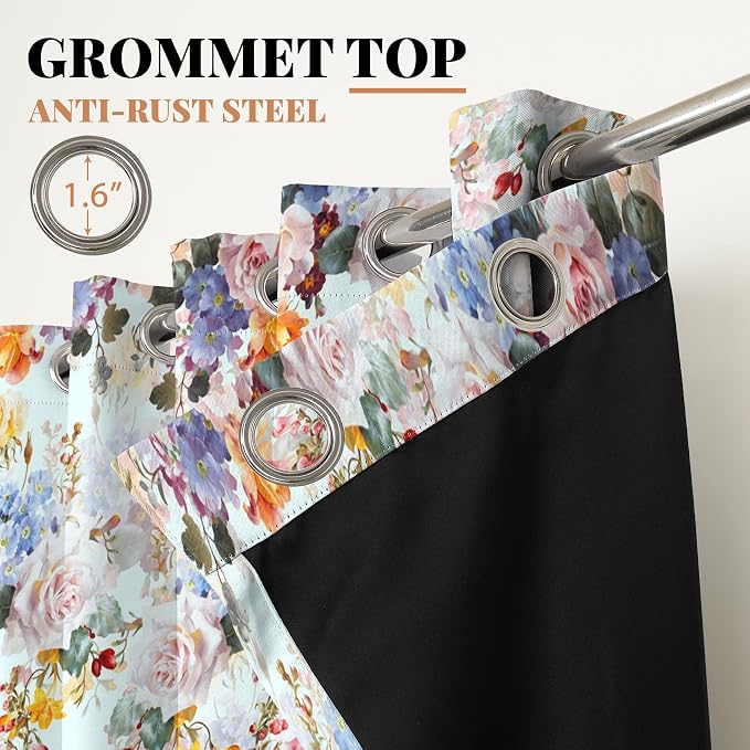 Renaiss Flower Blossom Curtains Watercolor Floral Painting Thermal Insulated Window Curtains for Living Room Bedroom Blackout Window Drapes Grommet Top 42W x 96L Inch 2 Panel Set