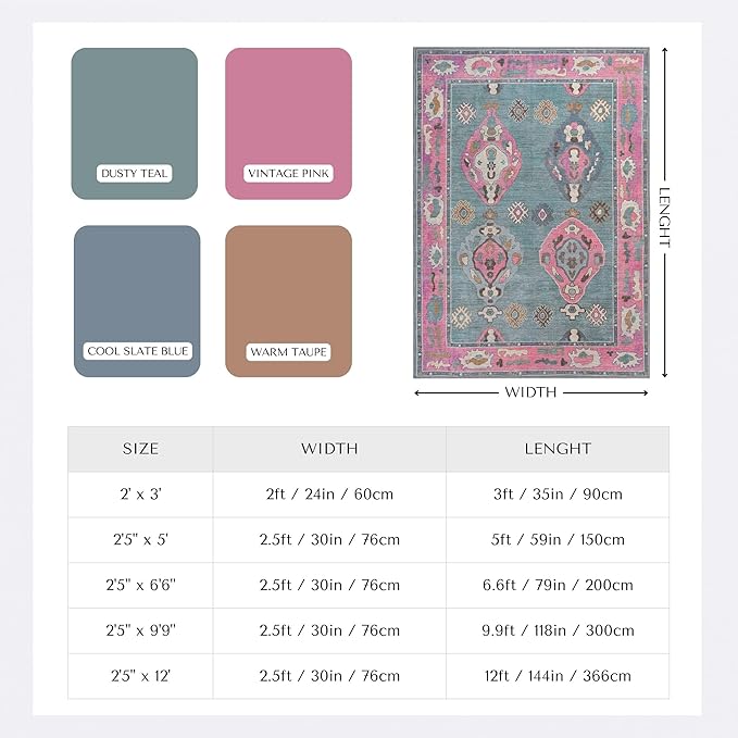 Green Pink Oushak Long Hallway Runner Rug 2'5x12' - Boho Washable Non-Slip Runner Rugs, Vintage Turkish Eclectic Extra Long Runner Rugs for Hallway Kitchen Entryway Foyer Corridor