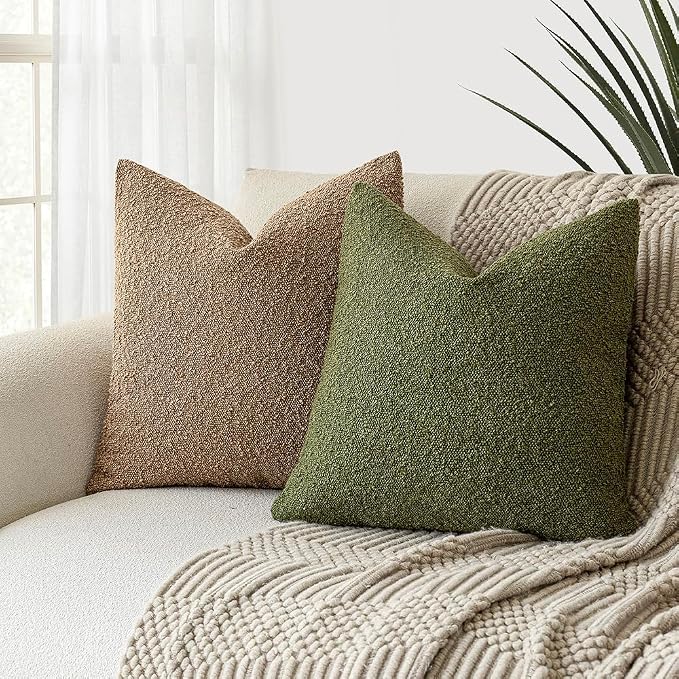Foindtower Set of 2, Decorative Textured Boucle Throw Pillow Covers Accent Solid Pillow Cases Neutral Soft Cozy Couch Cushion Case for Chair Sofa Bedroom Living Room Home Decor 26 x 26 Inch Green