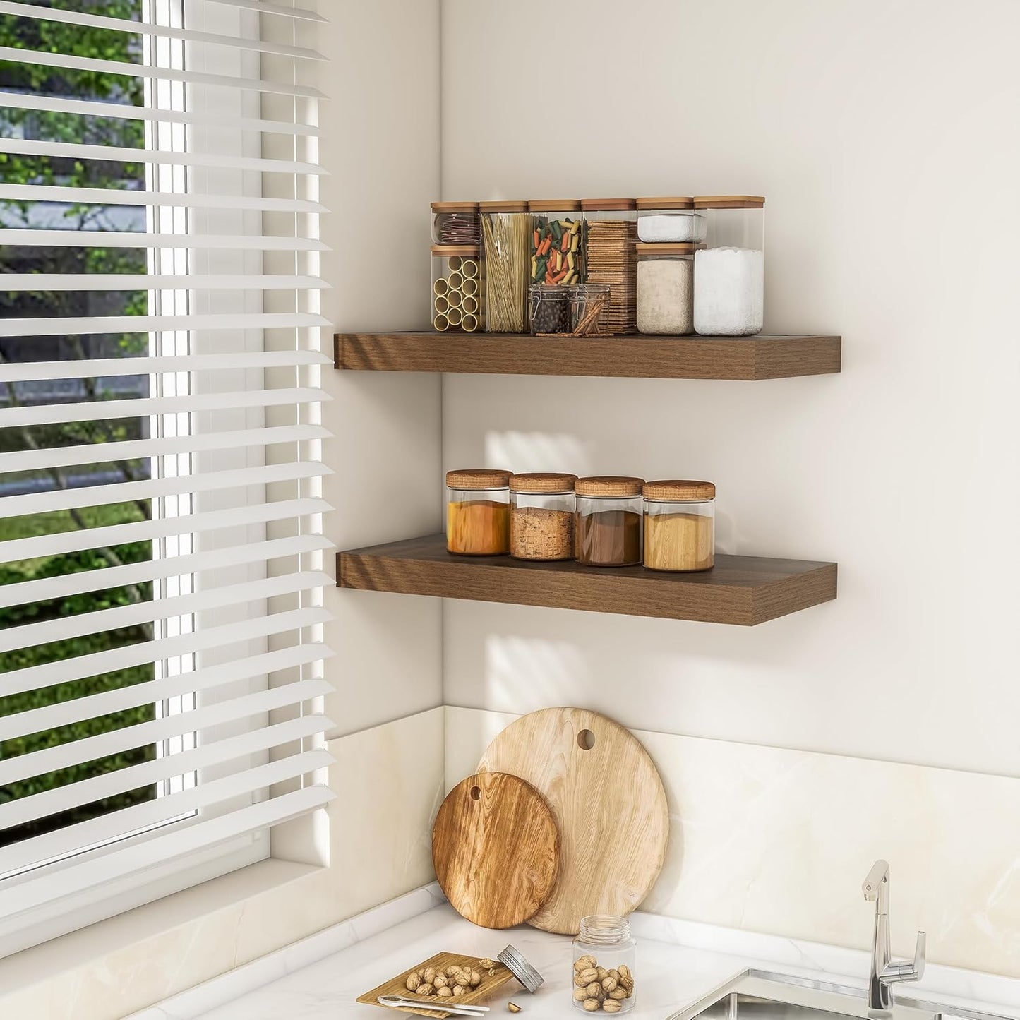 RICHFOCUS 24Inch Floating Shelves for Wall 2 Pack Shelves for Bedroom|Kitchen|Bathroom Wall Mounted Rustic Wood Floating Shelf with Invisible Brackets for Books|Storage|Decor, Walnut