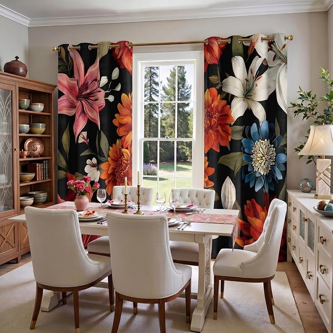 Black Boho Floral Blackout Curtains Mid Century Vintage Botanical Flower Patterned Room Darkening Thermal Insulated Curtains 2 Panels Set, Window Curtain for Bedroom Living Room Decor 52X84 Inch