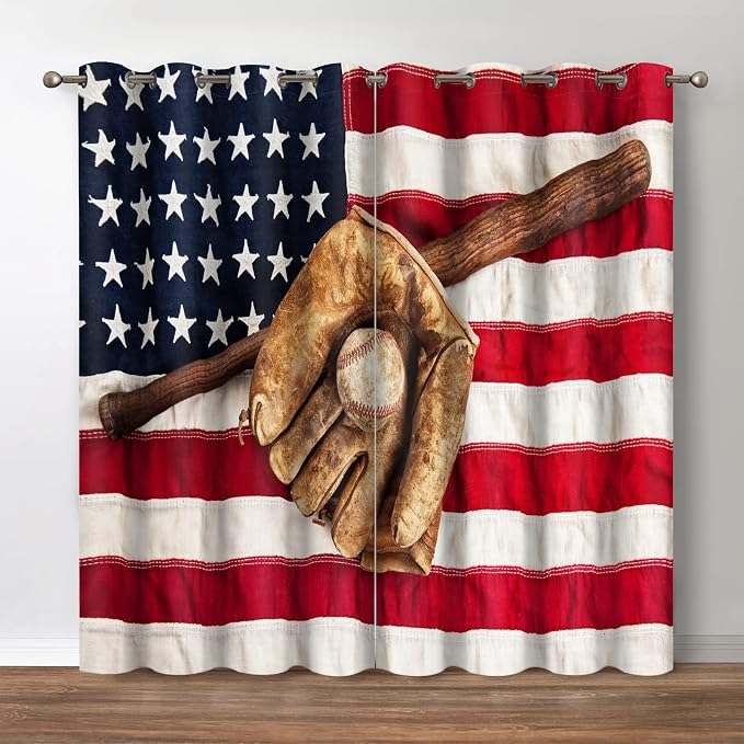Jekeno American Flag Baseball Blackout Curtains - USA Flag Baseball Bat and Ball Theme Print Decor Home Apartment Bedroom Living Room Darkening Grommet Window Drapes 2 Panels Set,42x54 Inch