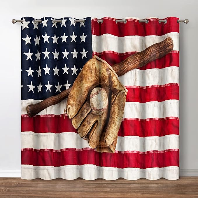 Jekeno American Flag Baseball Blackout Curtains - USA Flag Baseball Bat and Ball Theme Print Decor Home Apartment Bedroom Living Room Darkening Grommet Window Drapes 2 Panels Set,42x84 Inch