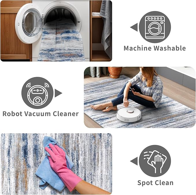 2x7 Washable Runner Rugs for Hallway: Easy-to-Clean Abstract Runners for Entryway Bedroom - Stain and Water Resistant Rugs with Non-Slip Backing - Soft Low-Pile Carpet Navy Grey