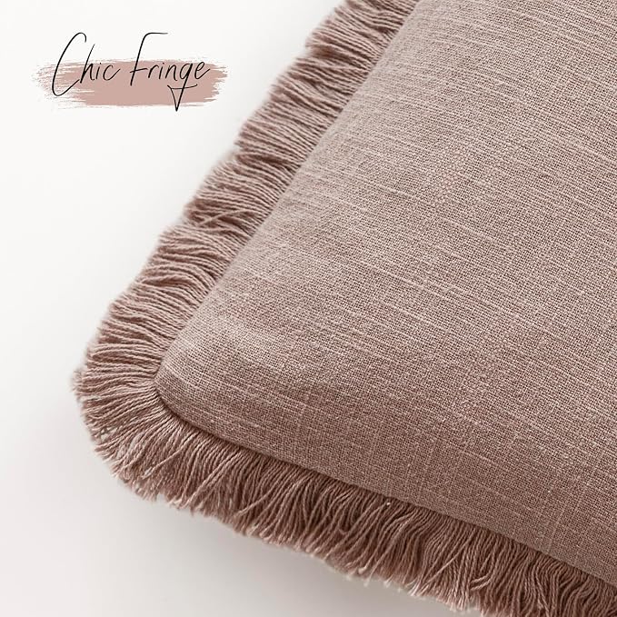 Foindtower Set of 2 Decorative Linen Fringe Throw Pillow Covers Boho Farmhouse Cushion Cover with Tassels Soft Accent Pillowcase for Couch Sofa Bed Living Room Home Decor,22×22 Inch,Dusty Pink