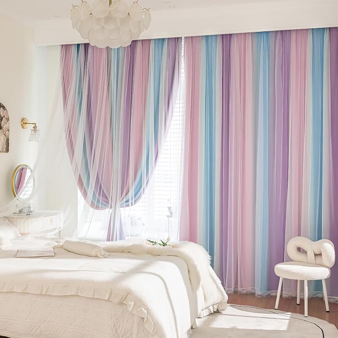 XiDi Kids Blackout Curtains with Sheer Overlay 84 Inches Long 2 Panels for Girls Bedroom Nursery Rainbow Pink Purple Blue Double Layer Curtains Unicorn Princess Theme Home Decor Grommet W34 x L84
