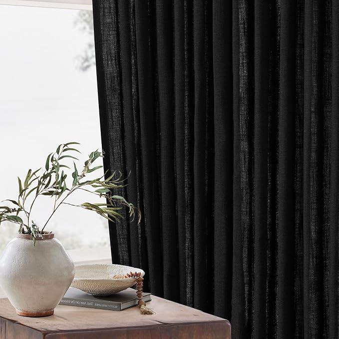 TWODRAPES Black Pinch Pleated Linen Cafe Curtains 45 Inch Length 2 Panels for Dining Room Kitchen Bedroom Semi Sheer Pleat Drapes with Hooks Rings Light Filtering Short Window Curtain Cabinet 40x45