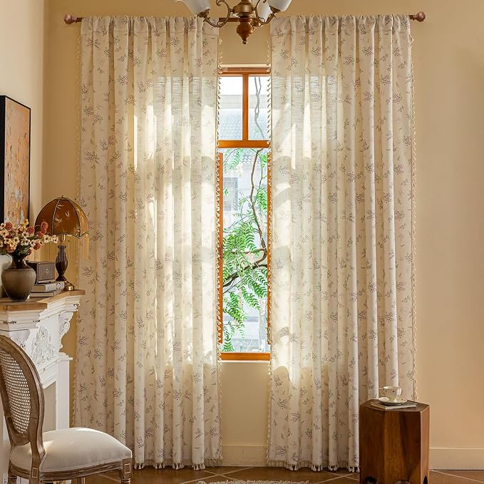OYX Purple Floral Curtains 96 Inch Length Linen Farmhouse Curtain Rod Pocket Drapes for Living Room Bedroom Light Filtering Vintage Curtains, 2 Panels, 52Wx96L