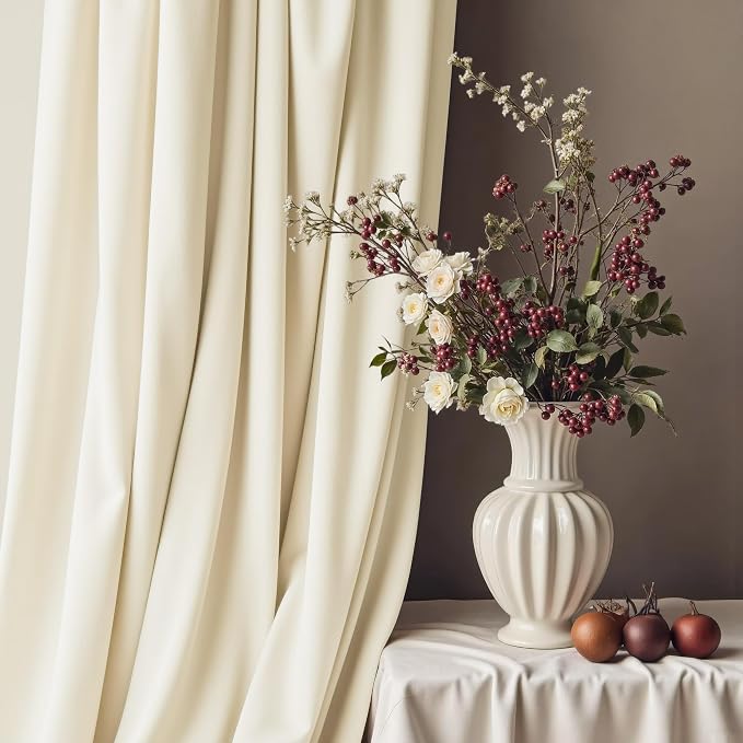 Ivory Velvet Curtains 96 Inches Long for Bedroom Aesthetic 2 Panel Back Tab Pocket Thick Heavy Sound Proof Reducing Light Filtering Off White Drape for Patio Sliding Door Living Room Darkening Elegant