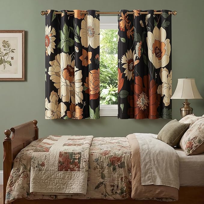 jinchan Lora Floral Curtains for Bedroom Blackout Drapes for Living Room Darkening Fabric Vintage Black Boho Flower Pattern Fall Decor Window Curtains 63 Inches Length 2 Panels with Grommet
