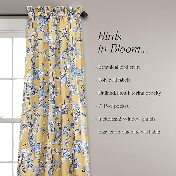 Lush Decor Dolores Light Filtering Window Panels, Pair, 52" W x 84" L, Yellow - Floral Curtains for Bedroom - Vintage Curtains - Coquette Room Decor