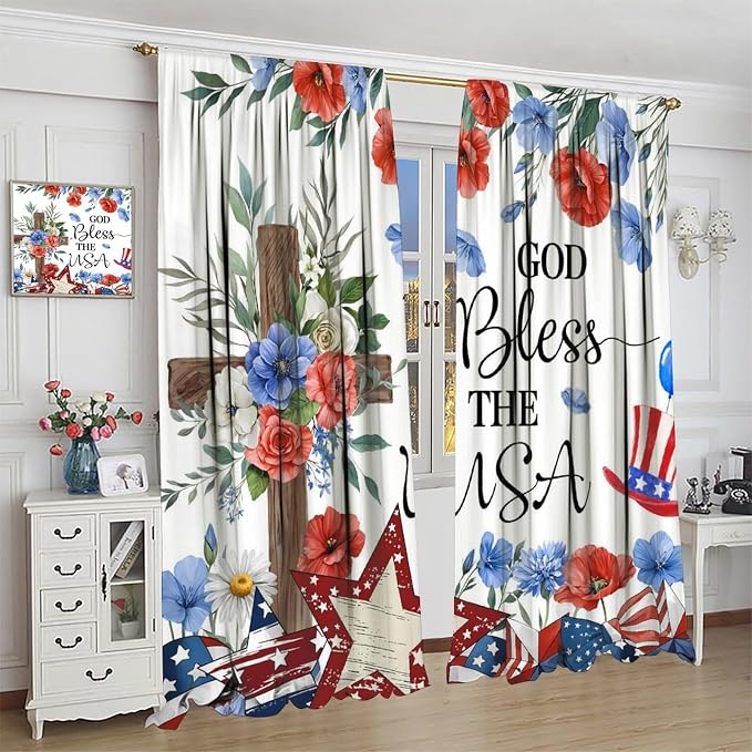 4th of July Curtain,Red Blue Floral Patriotic Independence Day Drapes for Bedroom Living Room Kitchen Window Treatment 2 Panels Set Total Size 42" W X 63" L Inch
