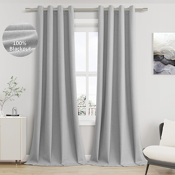 Jowels Grey Linen Blackout Curtains 120 Length 2 Panels Set for Living Room Bedroom, 100% Black Out Thermal Insulated Linen Drapes, Room Darkening Grommet Curtains 120 Inches Long