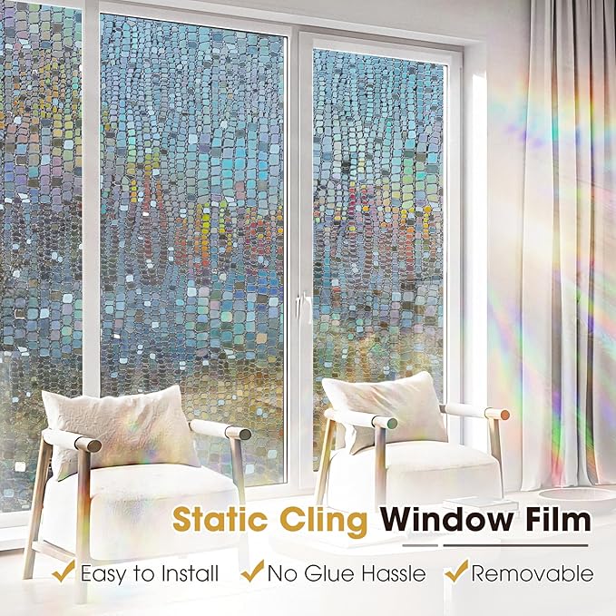 Windimiley Rainbow Window Privacy Film, 3D Stained Glass Christmas Decorative Window Clings, UV Heat Blocking Holographic Prism Stickers for Home (35.4 x 78.7In,Brown)