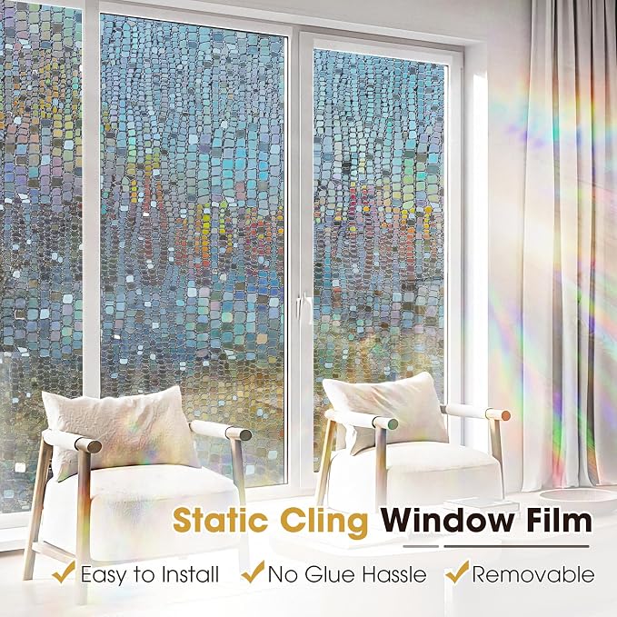 Windimiley Window Privacy Film 3D Rainbow Stained Glass Static Clings Bathroom Decorative Sticker Prism Holographic Window Decals Sun Blocking Non-Adhesive Door Covering, 23.6 x 394in,Brown