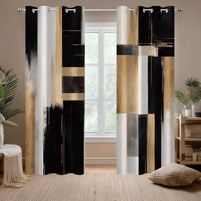 Black and Gold Abstract Blackout Curtains,Boho Mid Century Modern Aesthetic Art Window Drapes, Neutral Art Living Room Bedroom Decor 2 Panels 52x84 Inch