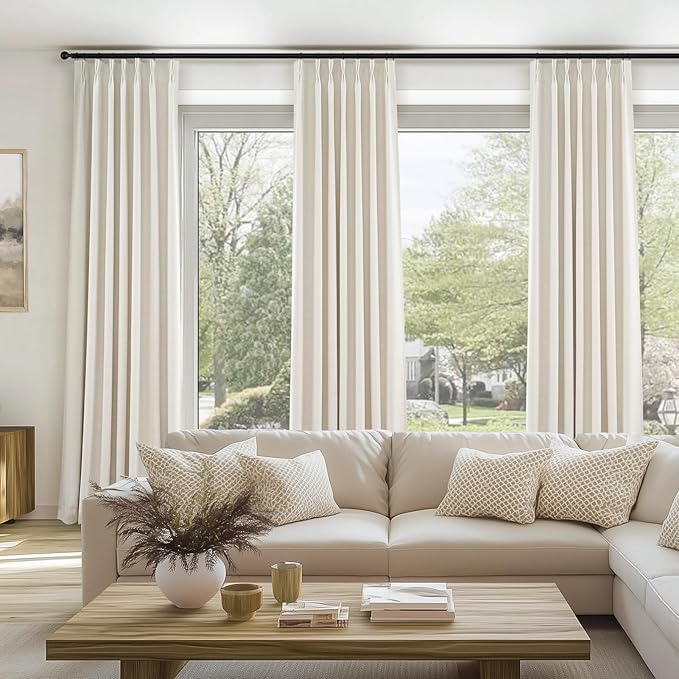 Topfinel 95 Inches Long Pinch Pleated 100% Blackout Curtains,Thermal Insulated Brich Linen Pinch Pleat Viral Drapes with Hooks Rings 2 Panel Sets,Neutral Cream Ivory Back Tab Window Curtains