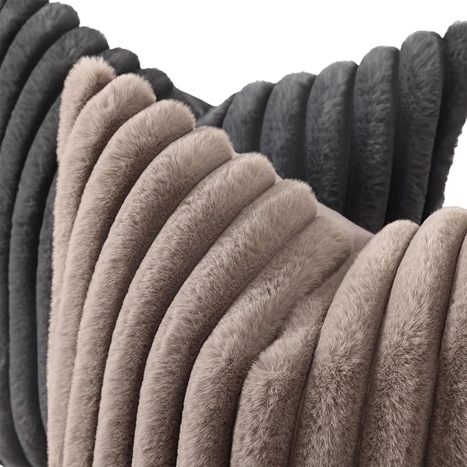 decorUhome Fall Cozy Faux Fur Throw Pillow Covers 22x22 Set of 2 Decorative Soft Plush Striped Modern Farmhouse Boho Couch Euro Sham Pillow Cases with Velvet Back for Sofa Bed Living Room, Dark Grey