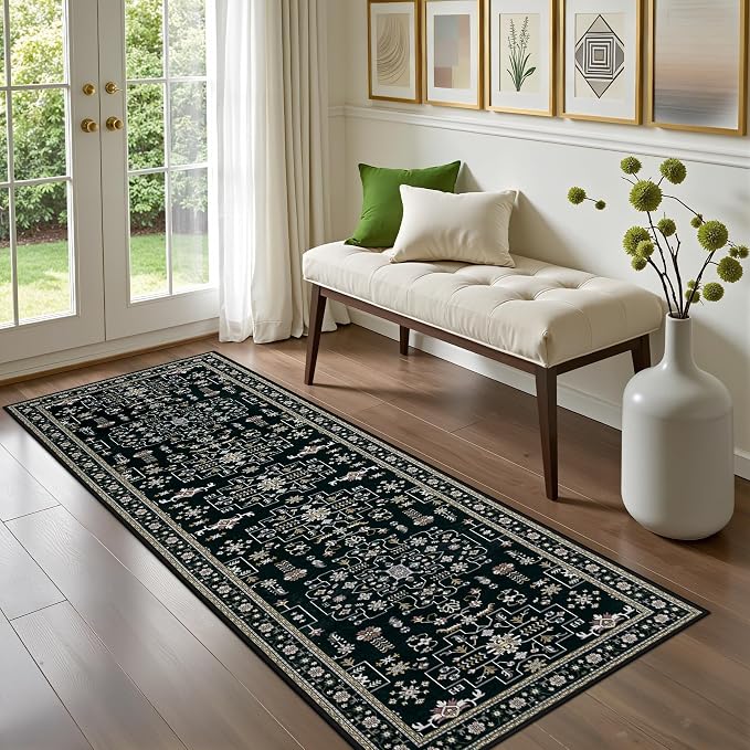 Hallway Runner Rug Non Slip - Washable 2.6x8 Kitchen Rugs for Living Room, Low-Pile Soft Bedroom Rug Indoor Floor Stain Resistant Carpets for Entryway, Laundry, Bathroom Black