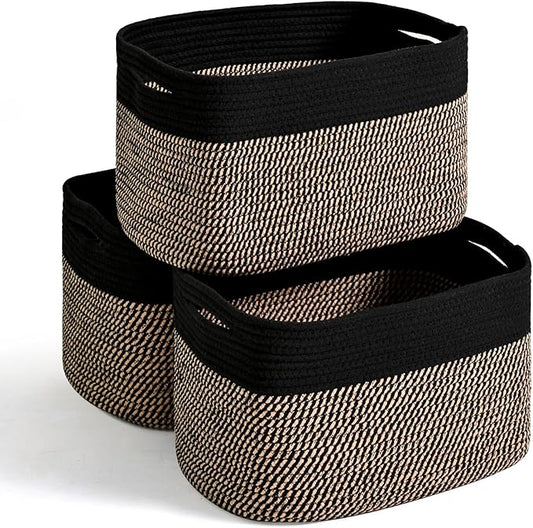Storage Baskets for Organizing Shelves, Woven Cotton Rope Bins for Organization, Dog Toy Organizer for Shelf Living Room Bedroom, 14.8"×11"×9.5", Pack of 3, Black & Jute