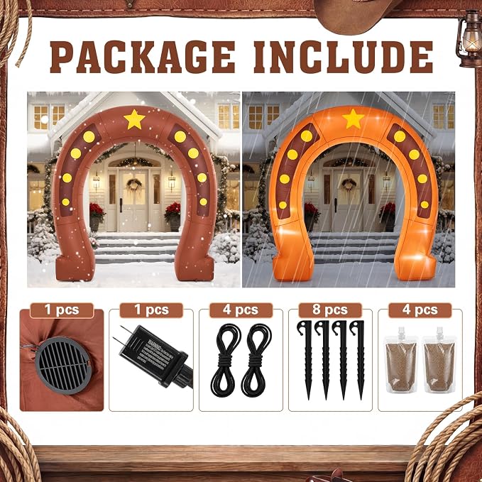 Seenelling 9 ft Western Party Giant Inflatable Archway Decoration, Cowboy Horseshoe Arch Built-in LED Lights for Western Themed Party Birthday Indoor Outdoor Supplies