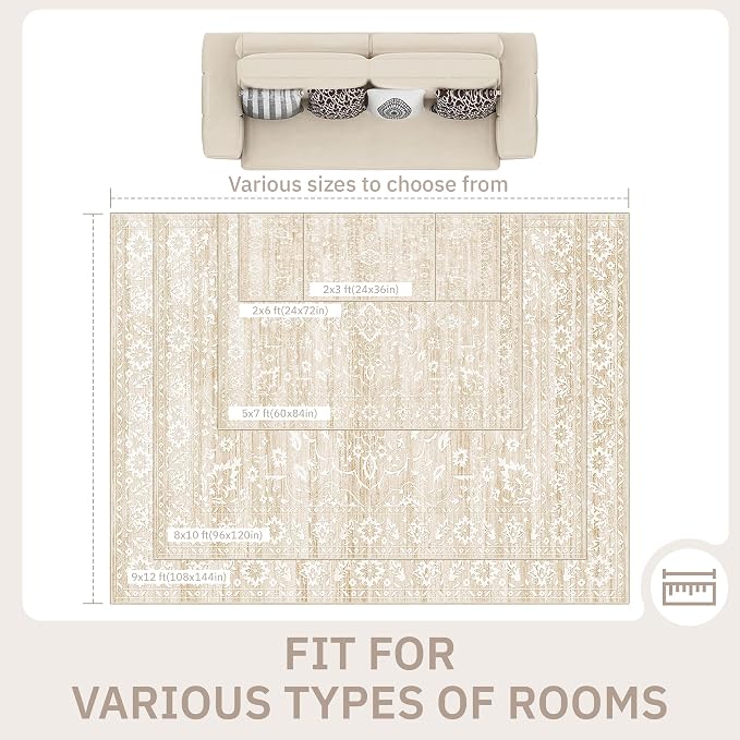 Soalmost 9x12 Area Rugs for Living Room, Washable Neutral Soft Rug Beige | Vintage Floral Non-Slip Low Pile Throw Large Carpet for Dining Room Bedroom Kitchen Home Office 9'x12'