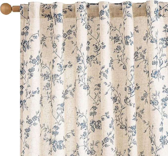 jinchan Blue Floral Linen Curtains 90 Inch French Country Back Tab 2 Panels | Flower patterned drapes, farmhouse, printed, light filtering, bedroom, living room, kitchen, window treatment, rod pocket
