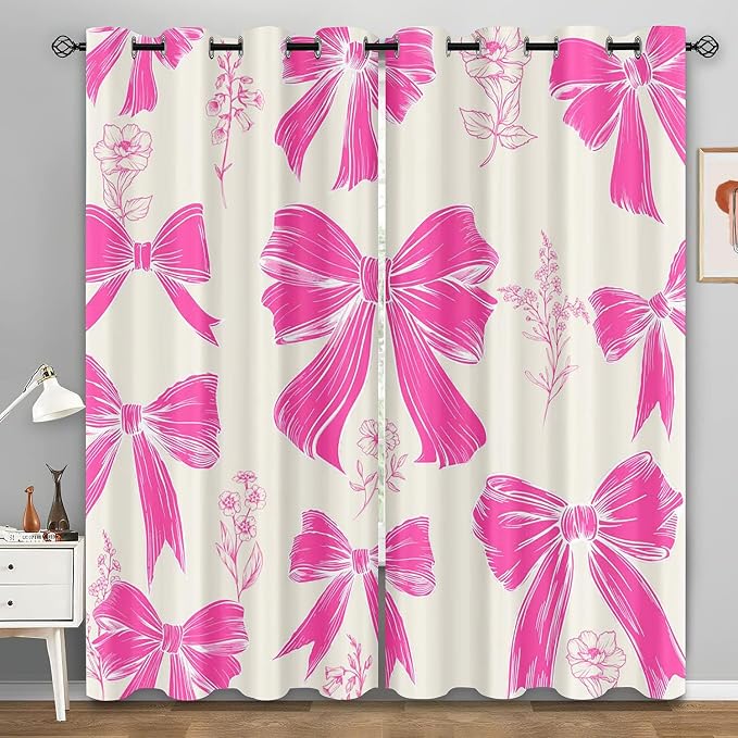 LUVIVIHOME Pink Floral Bow Curtains, Cute Blackout Curtains, Girls Bedroom Decor, Aesthetic Girly Curtains, 2 Panel Sets, 52x63 Inch