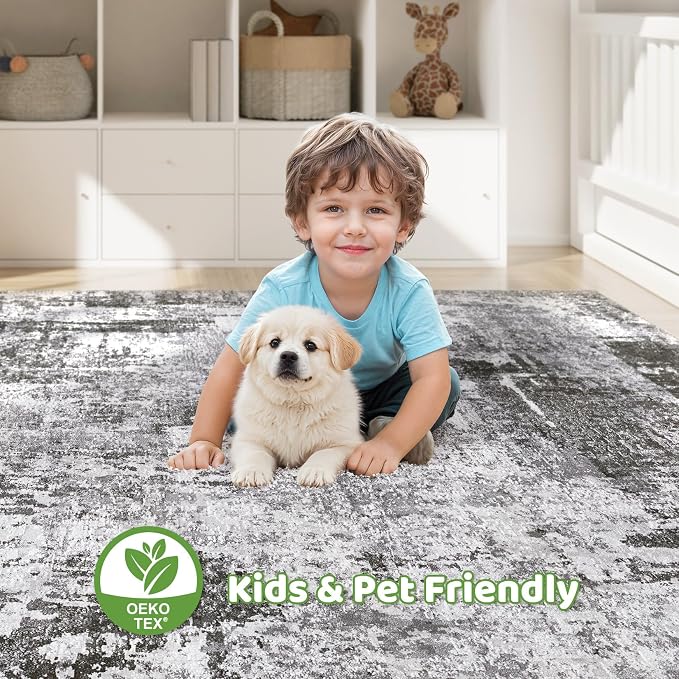 8x10 Area Rugs Living Room: Washable Large Abstract Modern Soft Rug Stain Resistant Indoor Floor Non Slip Accent Carpet for Bedroom Nursery Playroom Office Dining Room Dorm Home House- Black Grey