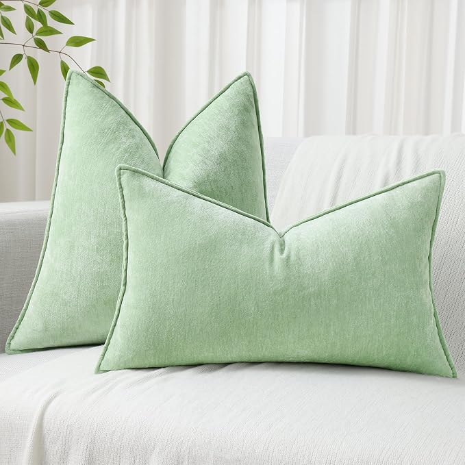 decorUhome Fall Couch Euro Sham Throw Pillow Covers 22x22 Set of 2, Decorative Soft Velvet Modern Cozy Chenille Pillow Cases with Elegant Design for Sofa Bed Living Room Home Decor, Sage Green