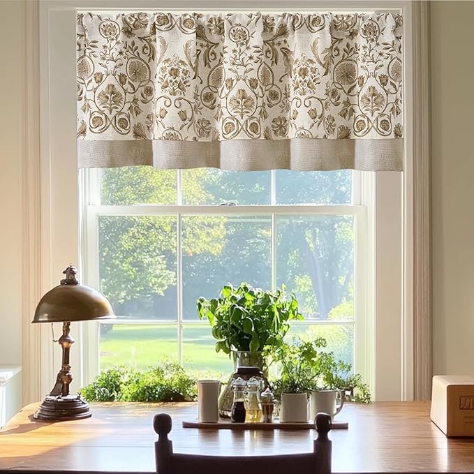 jinchan Linen Valance Kitchen Curtain for Windows Double Layer 18 Inch for Living Room Bedroom Window Treatment Light Filtering Vintage Rustic Farmhouse Cottagecore Rod Pocket 1 Panel Taupe on Beige