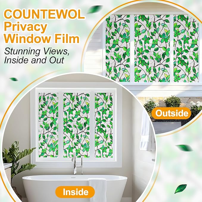 Countewol Greenery Leaf Static Cling Window Film Frosted Stained Glass Privacy Anti-Glare UV Protection for Home & Bathroom (Textured Greenery Leaf, 45.2 x 78.7 in)