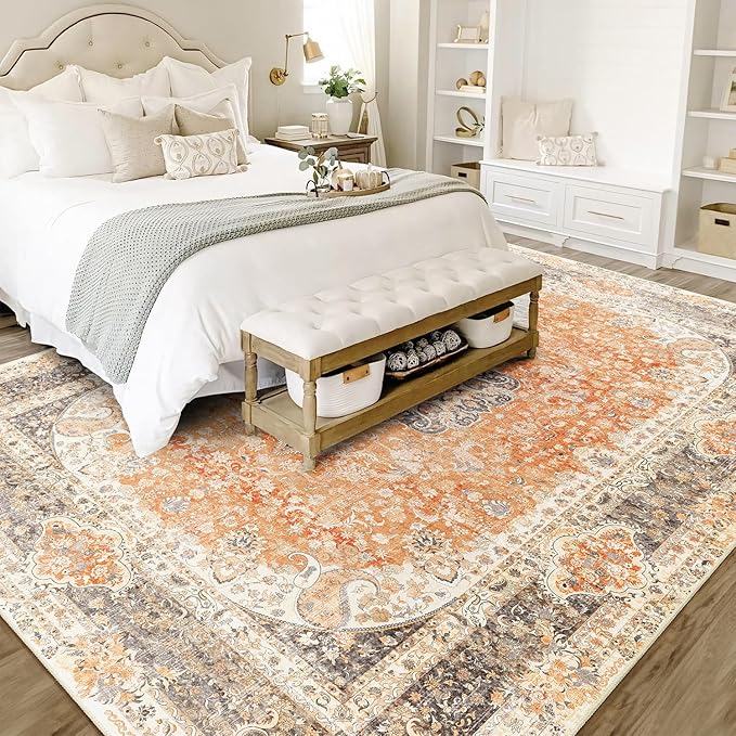 8x10 Area Rugs Washable,Boho Rug for Living Room Bedroom Dining Room,Large Vintage Bohemian Farnhouse Distressed Carpet Non Slip,Retro Orange Grey Floral